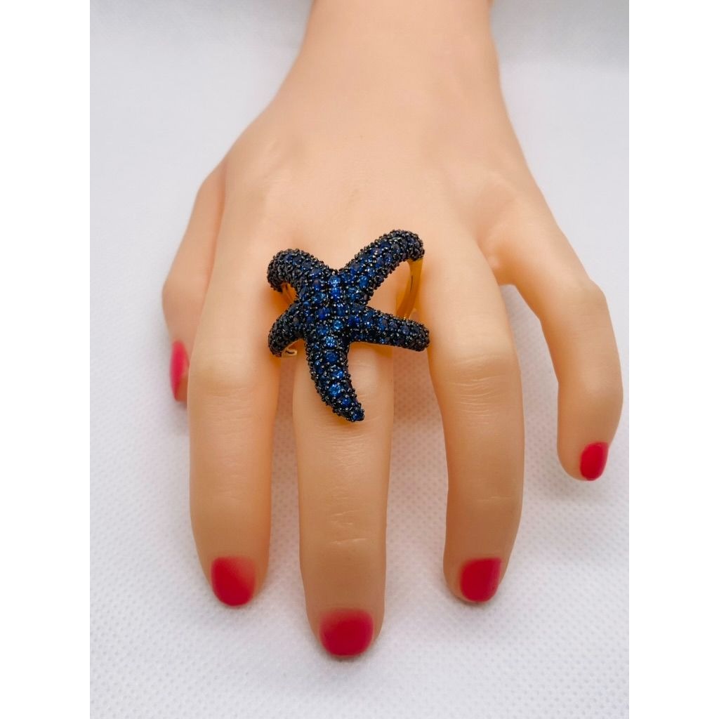Effy 14k Yellow Gold Blue Sapphire Black Rhodium Starfish HUGE