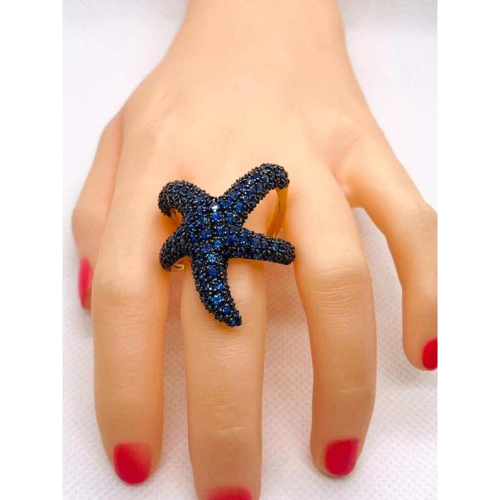 Effy 14k Yellow Gold Blue Sapphire Black Rhodium Starfish HUGE