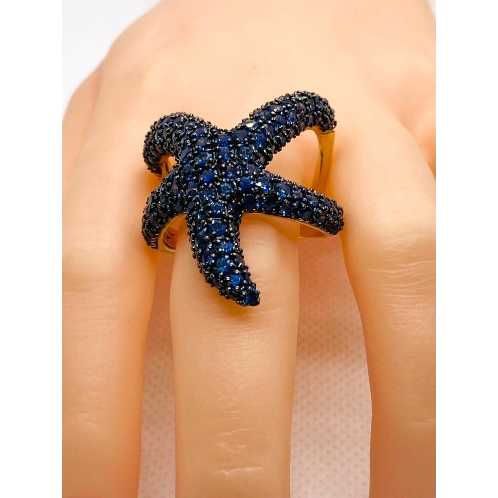 Effy 14k Yellow Gold Blue Sapphire Black Rhodium Starfish HUGE
